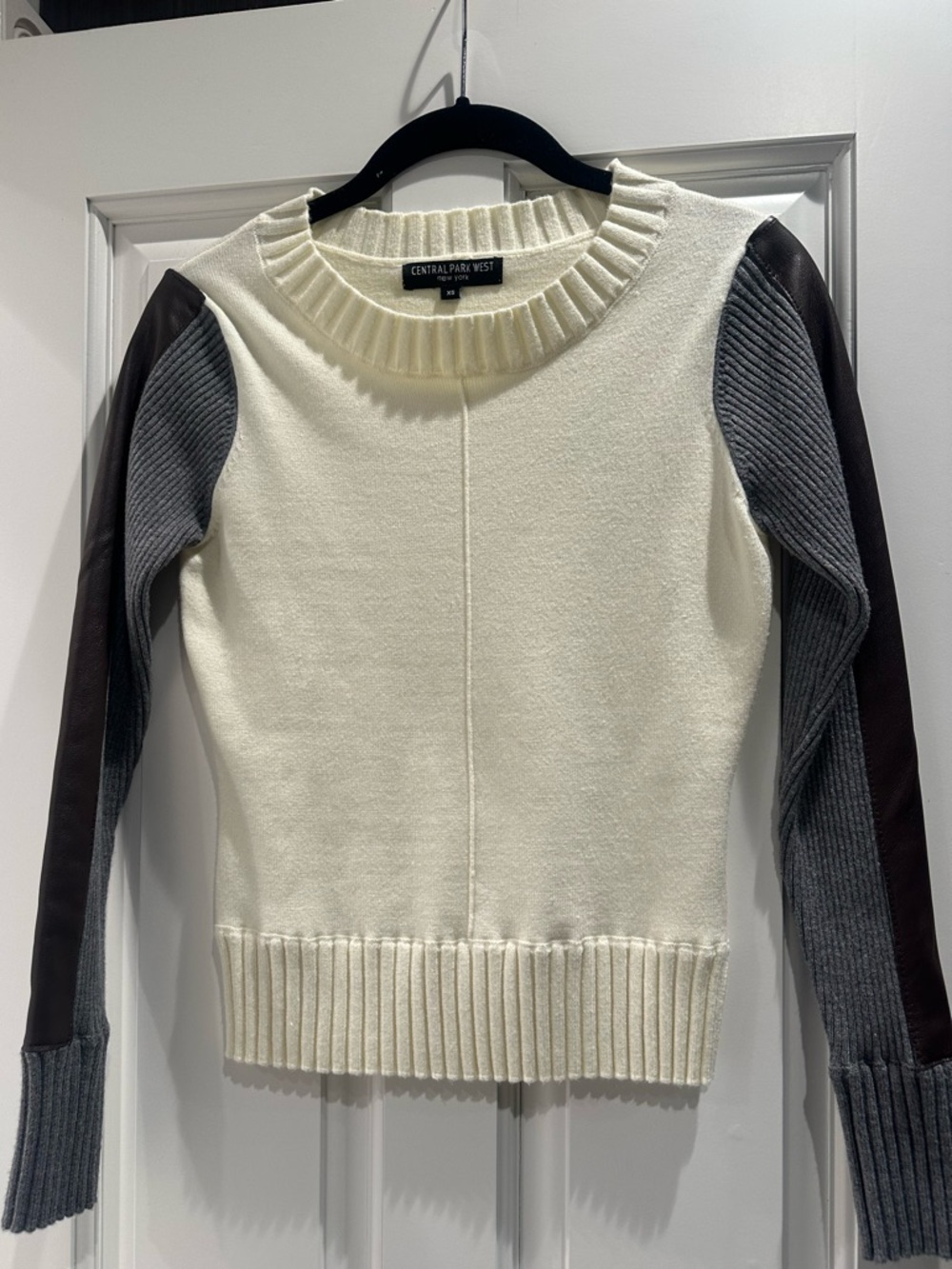 Central Park West Cream Sweater with Gray and Brown Sleeve Panels